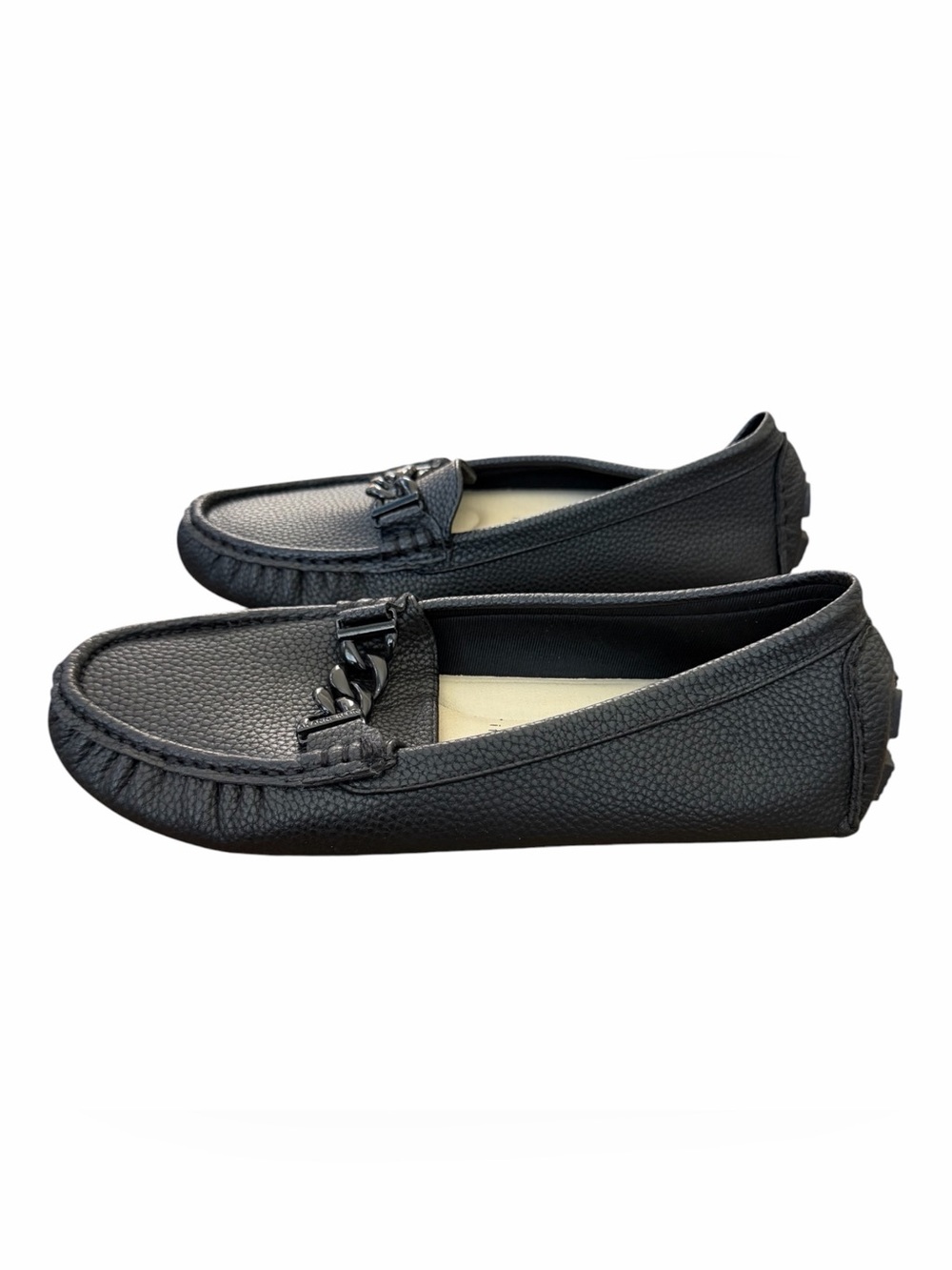 Anne Klein Black Pebbled Leather Chain-Trim Loafers